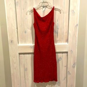 Beaded dress cowell neck, drop back, knee length